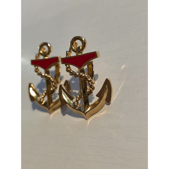 Vintage Avon Gold Red Enamel Navy Anchor Nautical Clip On Earrings - Picture 7 of 8